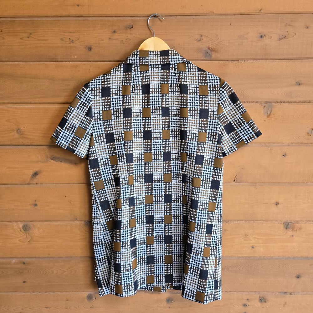 Vintage 70's Top Handmade Disco Mod Green Button Down Blouse Retro Geometric - Picture 2 of 4